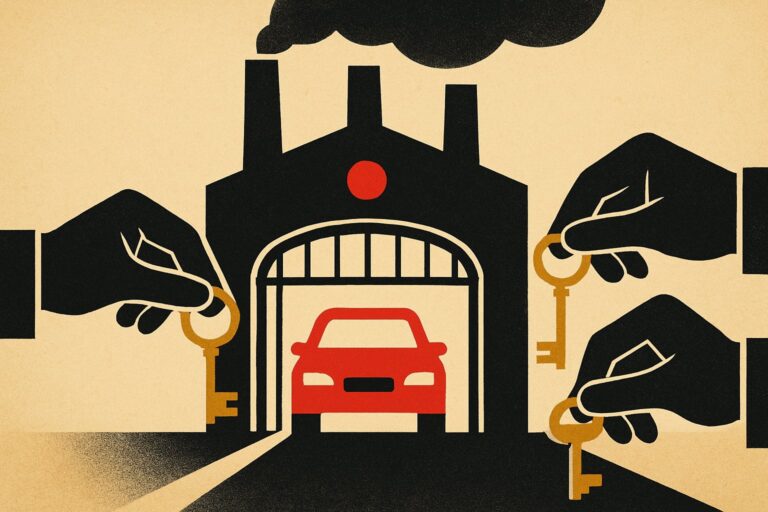 Illustration: VW-Werke in der Schwebe: Drei Mächte rechnen gegeneinander